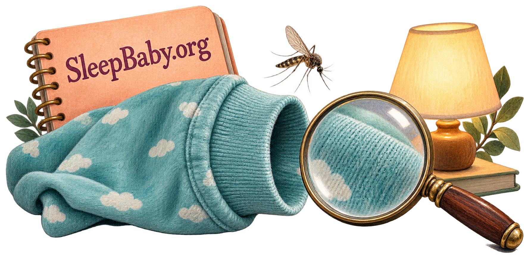 A mosquito, folded baby sleeve, magnifying glass and caregiver notebook beside a small evening lamp.