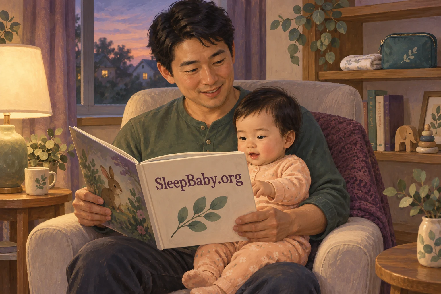 A father reads a large picture book with his awake baby; a folded care cloth is stored on a shelf.