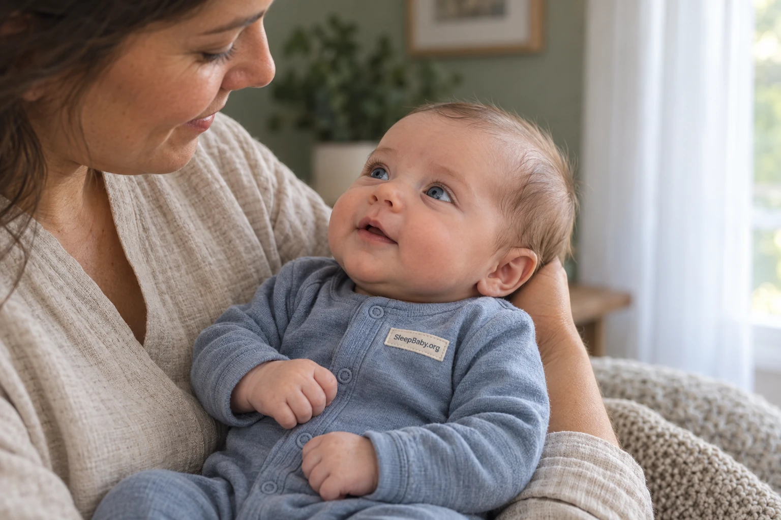 Awake baby with blue-gray eyes held securely by a parent in soft daylight, wearing a SleepBaby.org labeled sleeper.