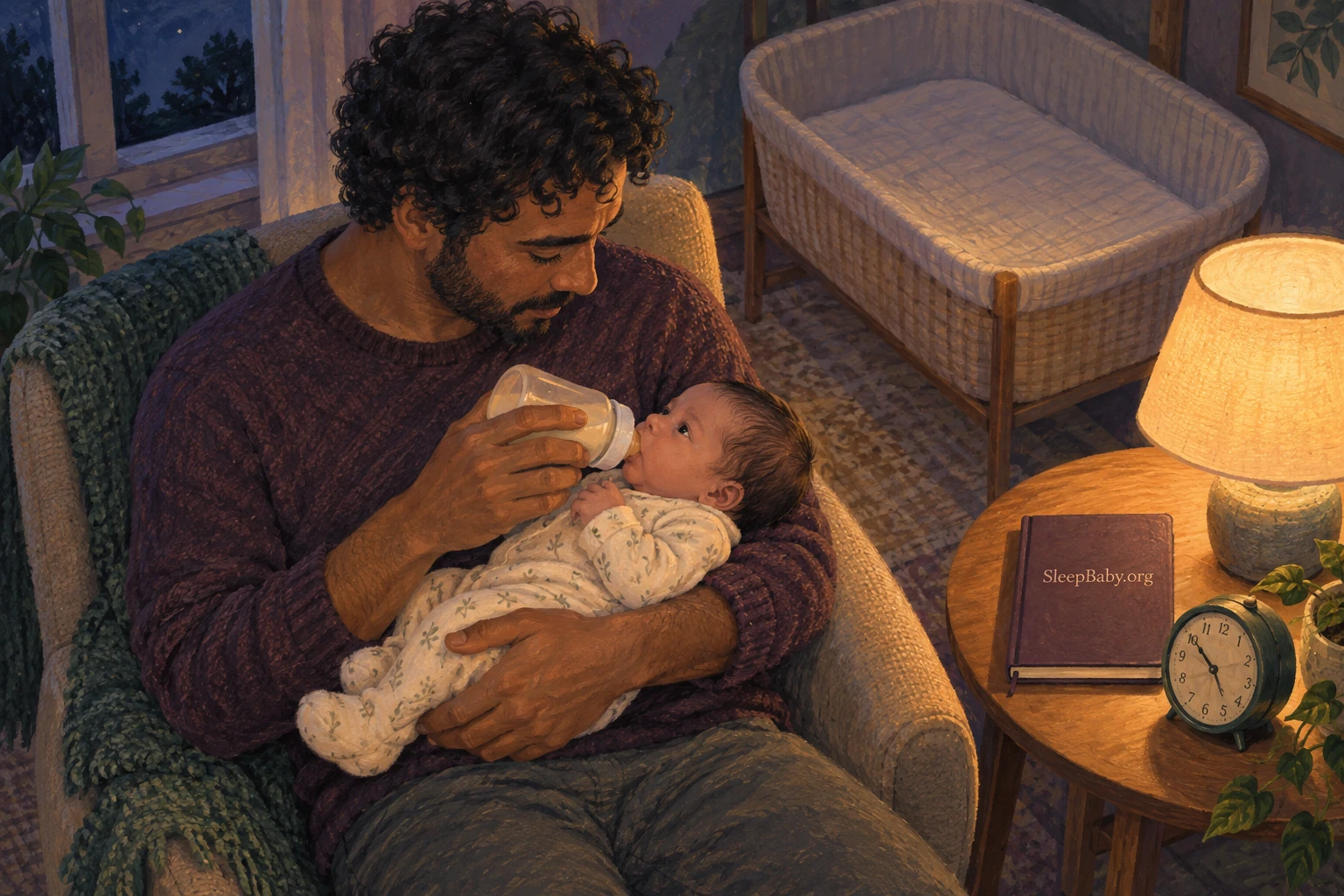 Painted illustration of an alert father supporting and bottle-feeding a newborn beside a lamp, clock, empty bassinet, and SleepBaby.org notebook.