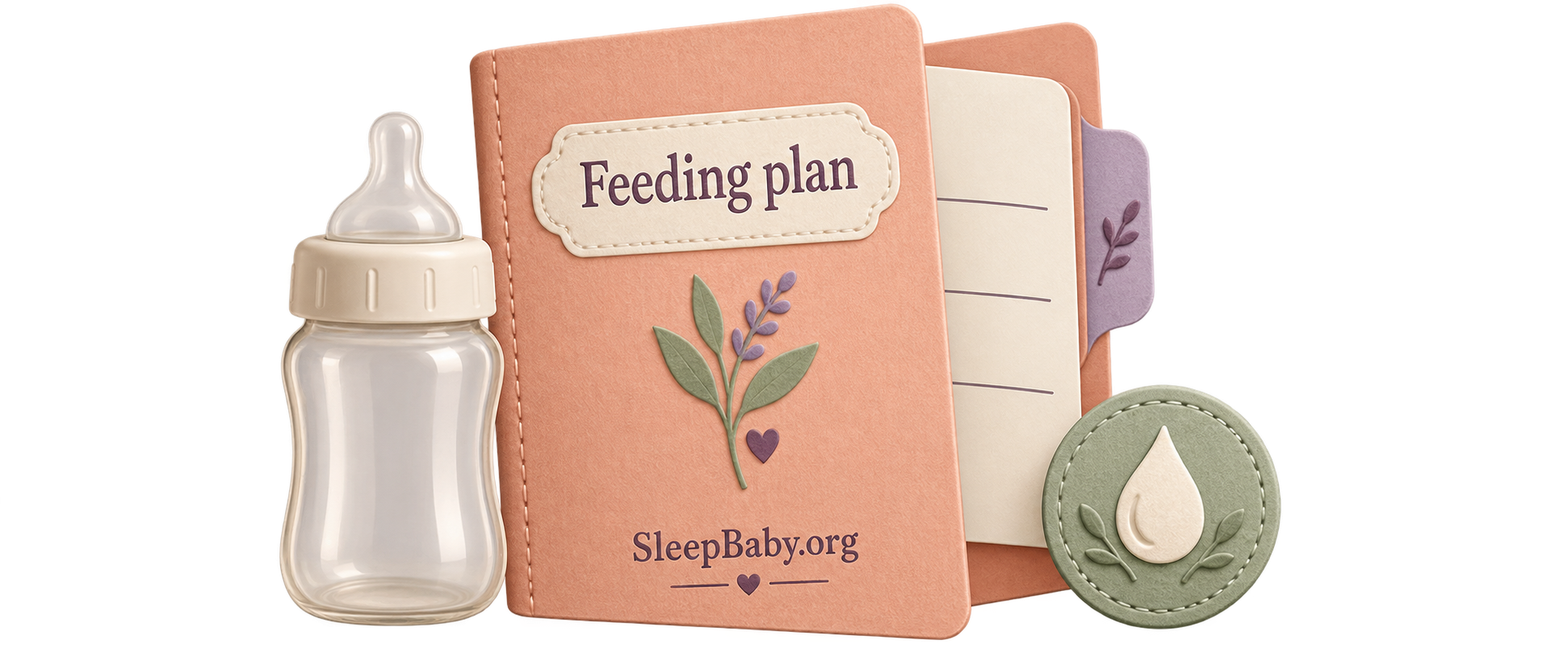 A peach feeding-plan folder, empty bottle and milk-drop token form a transparent storybook divider.