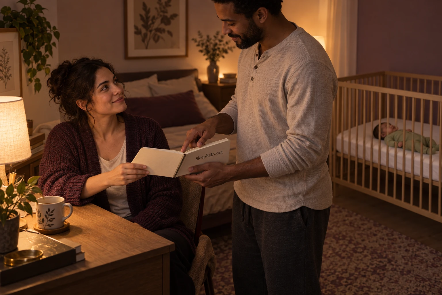 Two awake caregivers share a handoff notebook while their newborn rests on their back in a separate clear crib behind them.