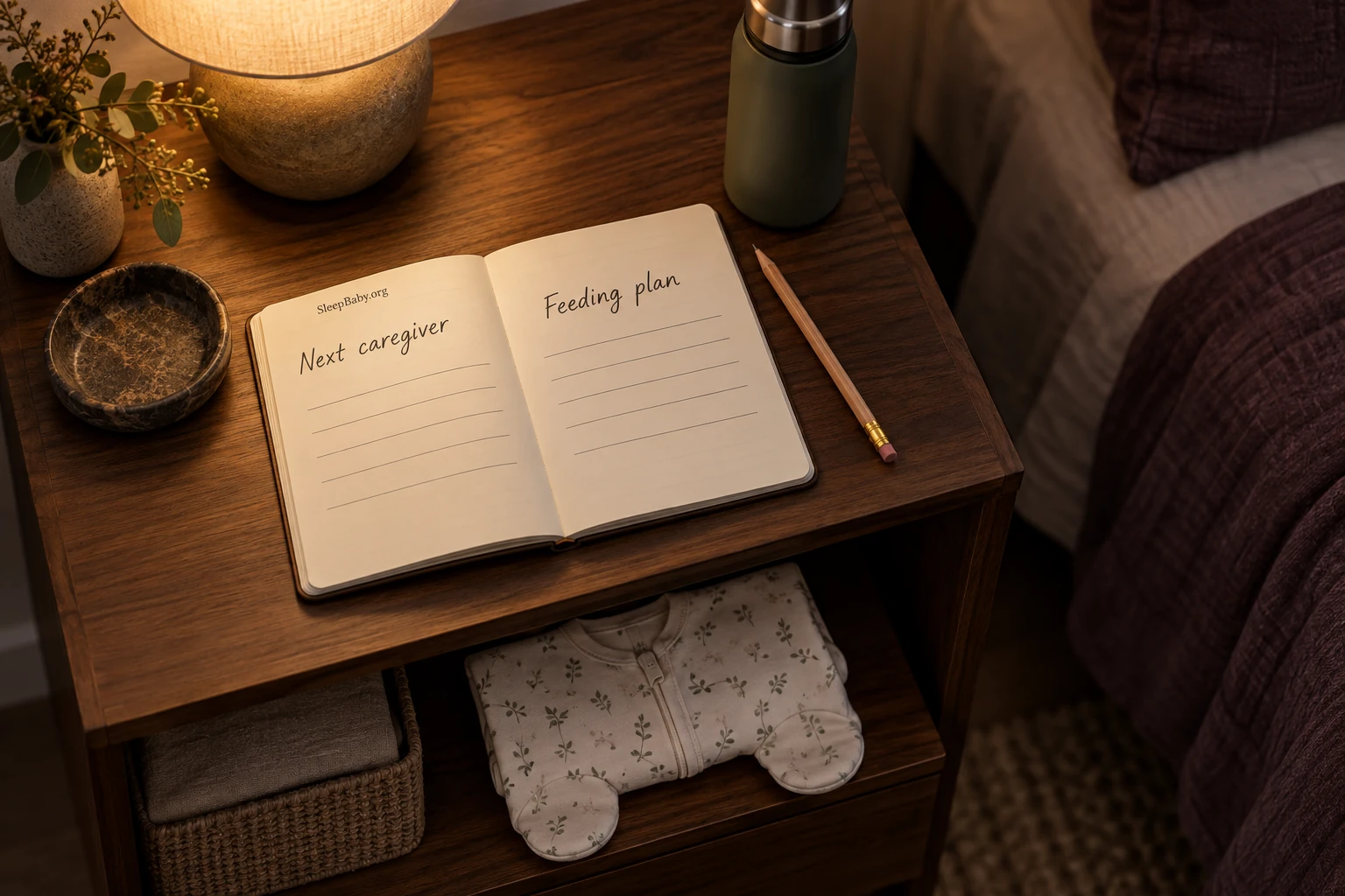 An open bedside notebook has separate headings for the next caregiver and the feeding plan, beside a pencil and water flask.