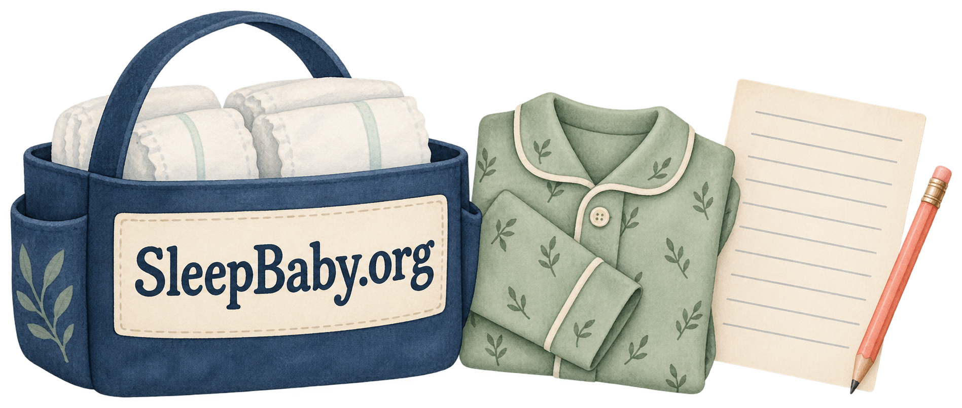 Watercolor diaper caddy, pencil, folded baby pajamas and blank ruled care sheet on a transparent background.