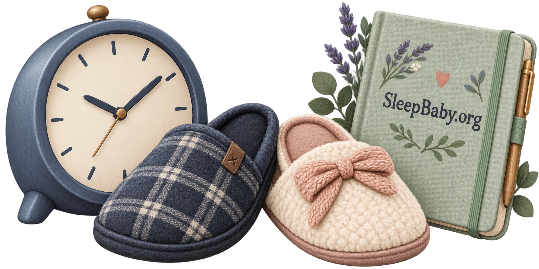 A blue night clock, two adult slippers and a mint caregiver notebook form an overlapping arrangement.
