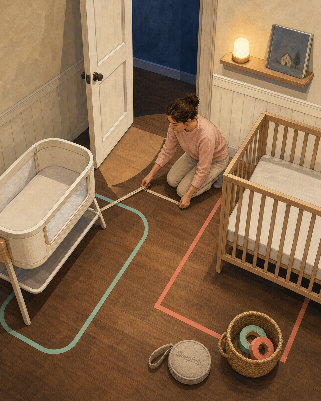 Caregiver measures mint and coral floor outlines between an empty compact sleep system, an open doorway, and a bare full-size crib.