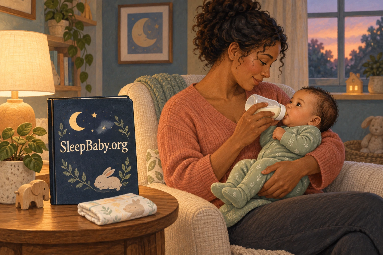 An awake mother securely supports her alert baby during a bottle feed, with a care notebook and spare diaper nearby.