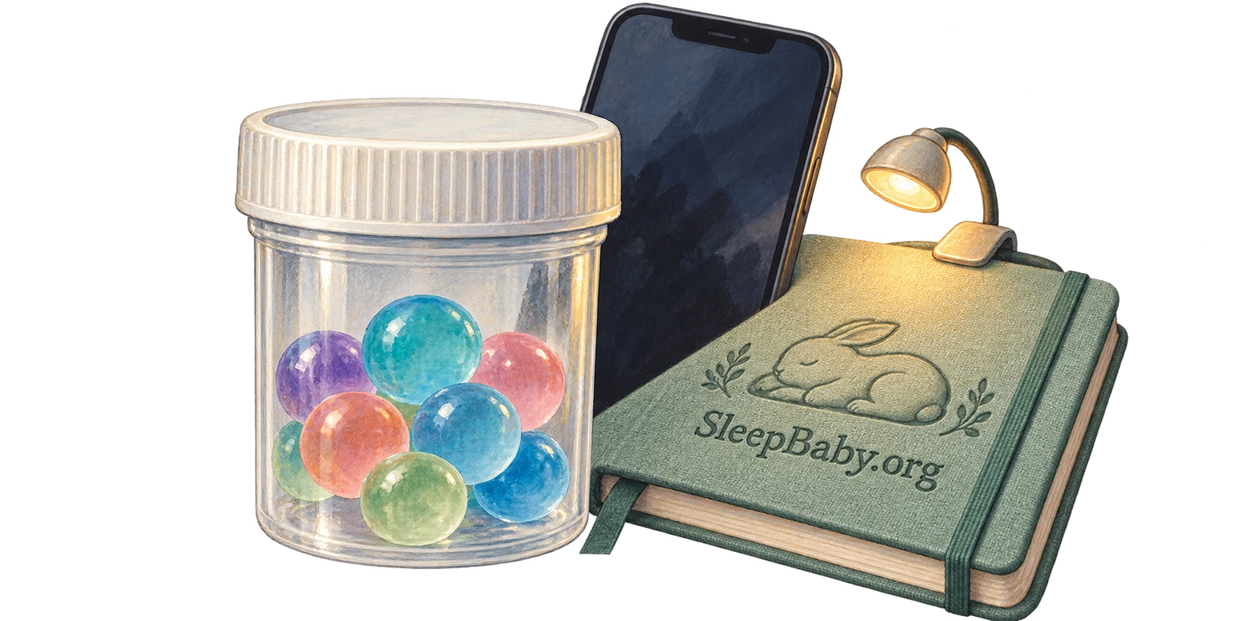 Illustrated closed bead container, phone, and bedtime care notebook on a transparent background.
