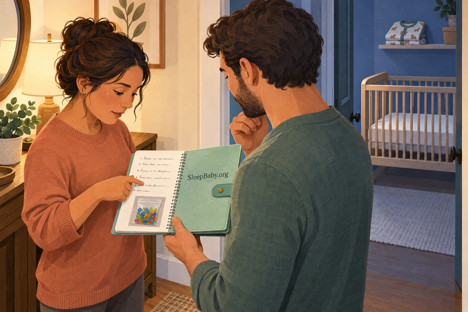 Two caregivers review a notebook beside a nursery doorway with an empty crib and a fitted sheet.