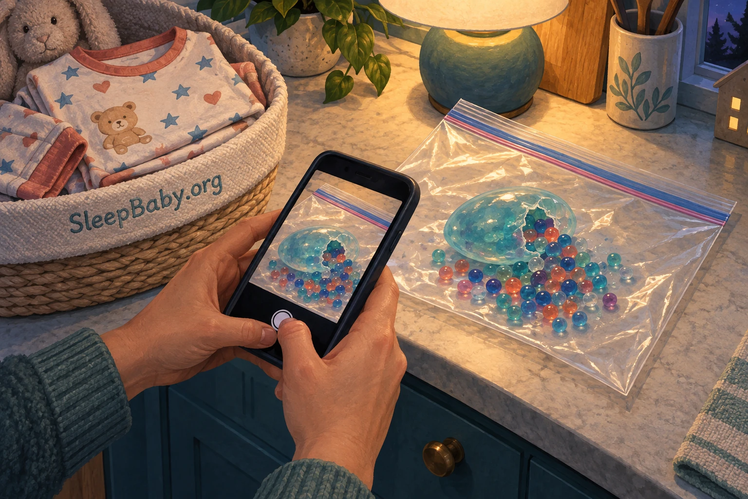 An adult photographs a torn bead-filled toy and its contents secured inside a closed bag on a counter.