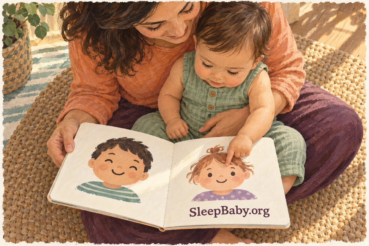 A parent supports an awake baby on their lap while the baby points at a face in an open book.