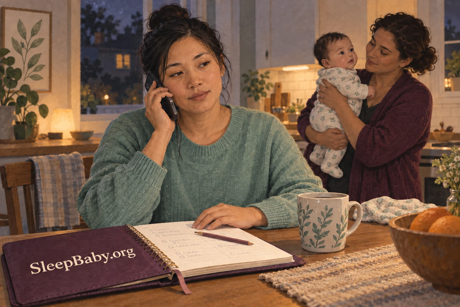 A parent makes a phone call with a notebook open while another adult holds the baby nearby.
