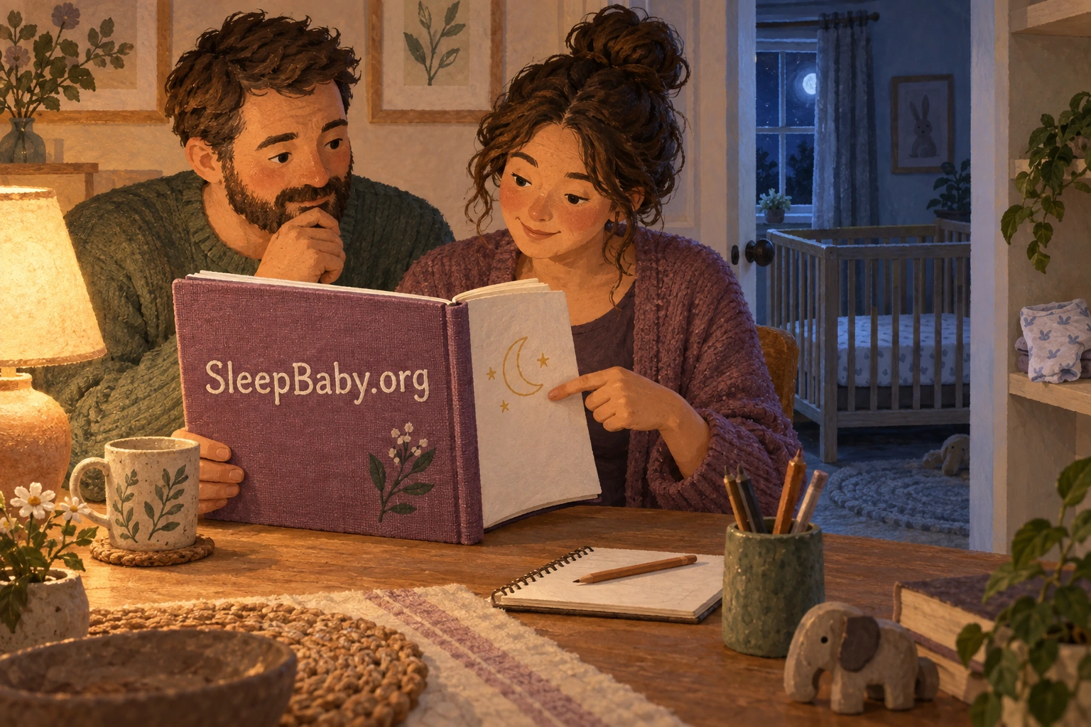Two parents review a family bedtime notebook at a lamplit table, with an empty bare crib visible through the doorway.