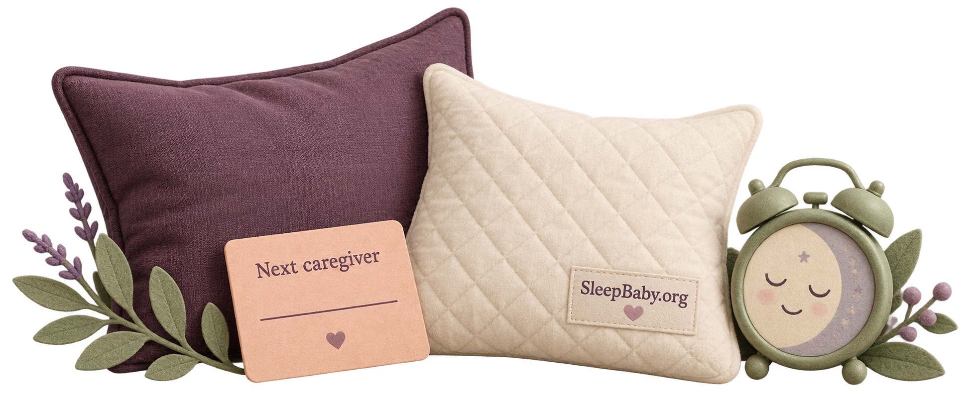 Two adult pillows, a next-caregiver card and a small clock form a soft fabric storybook divider.