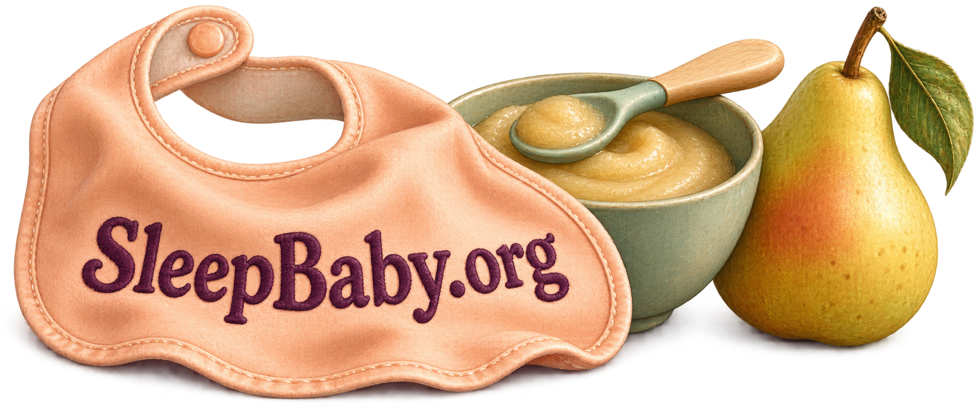 A peach bib sits beside a bowl of smooth pear puree, a rounded spoon and a ripe pear.