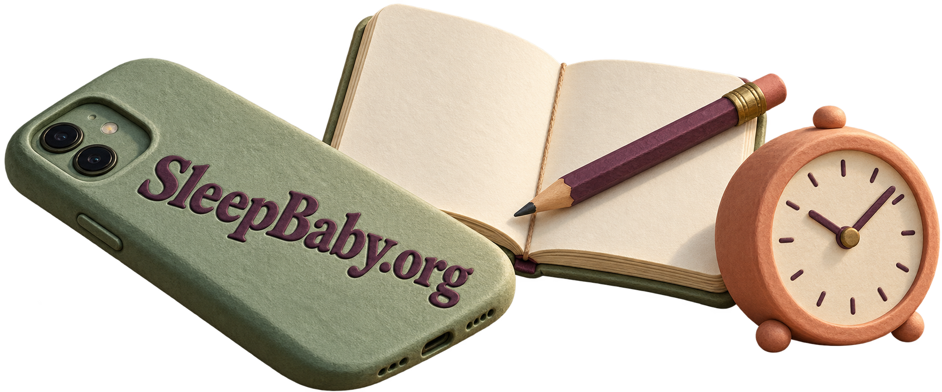 A sage phone, open observation notebook, plum pencil and small clock form a compact call-preparation vignette.