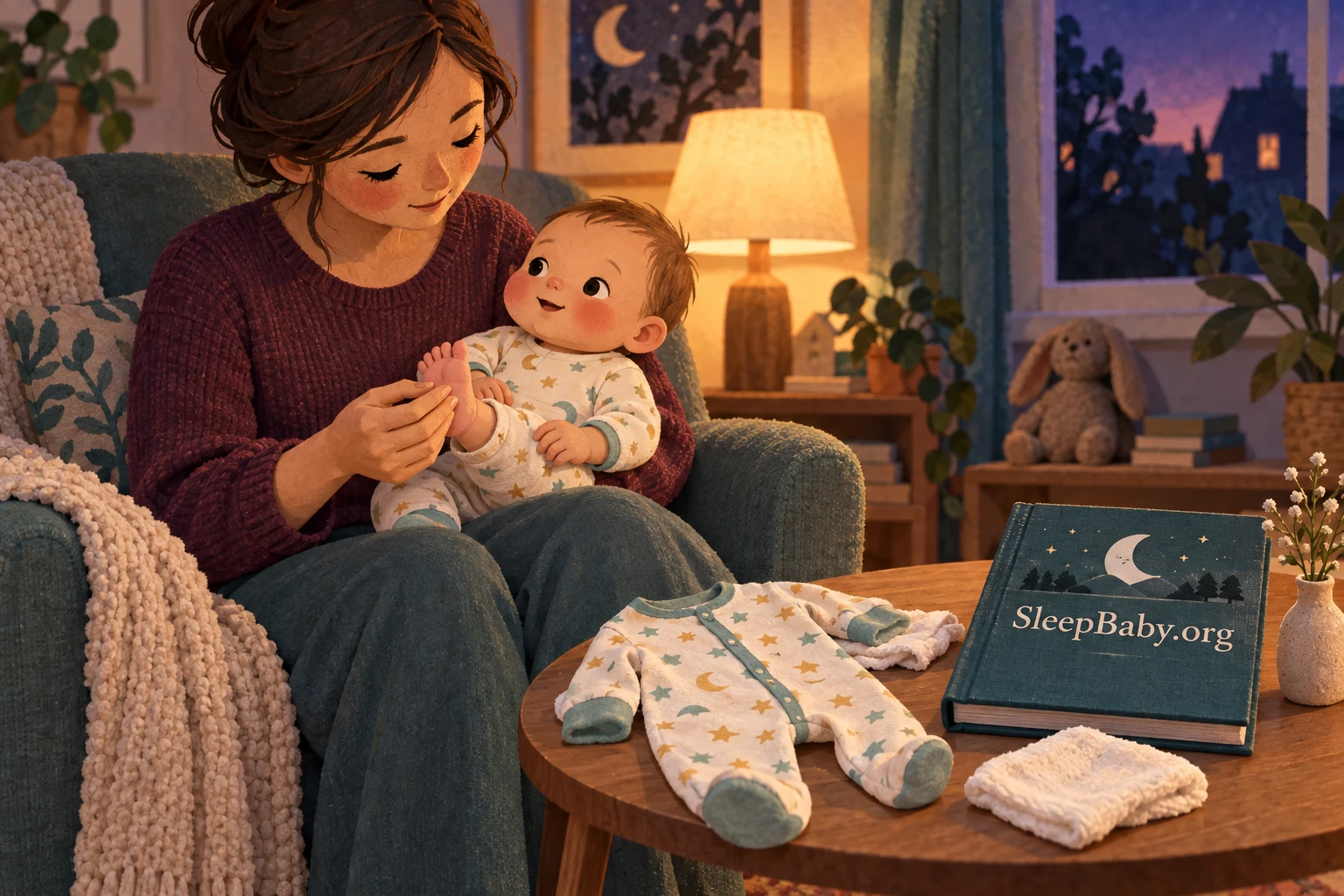 A caregiver prepares roomy footed pajamas and a bedtime book after checking an awake baby’s feet.
