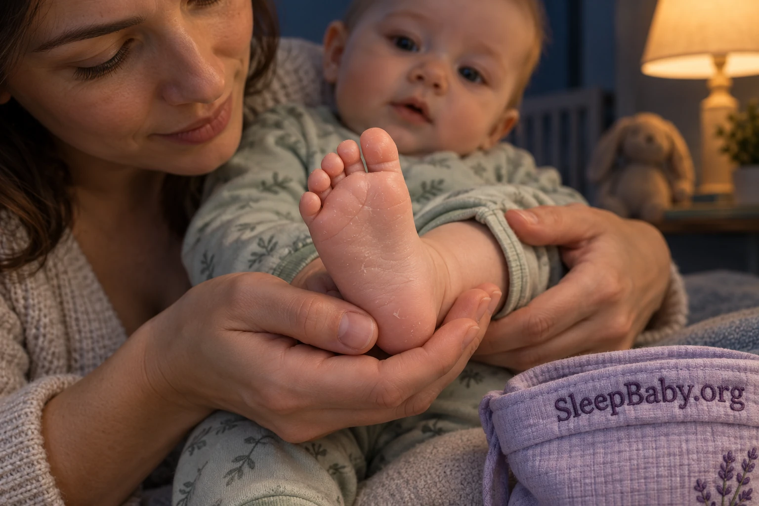 A caregiver supports an awake baby on her lap while gently examining a small foot with dry surface flakes.