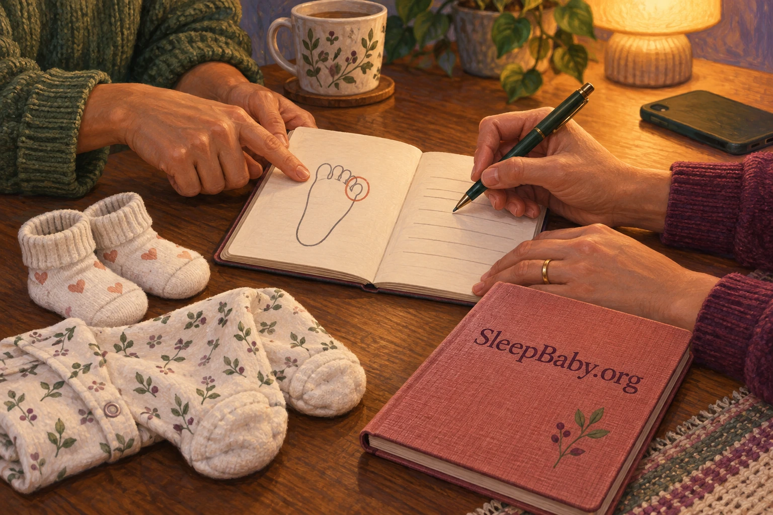 Two caregivers review a small care notebook beside clean baby socks and a phone in a warmly lit room.
