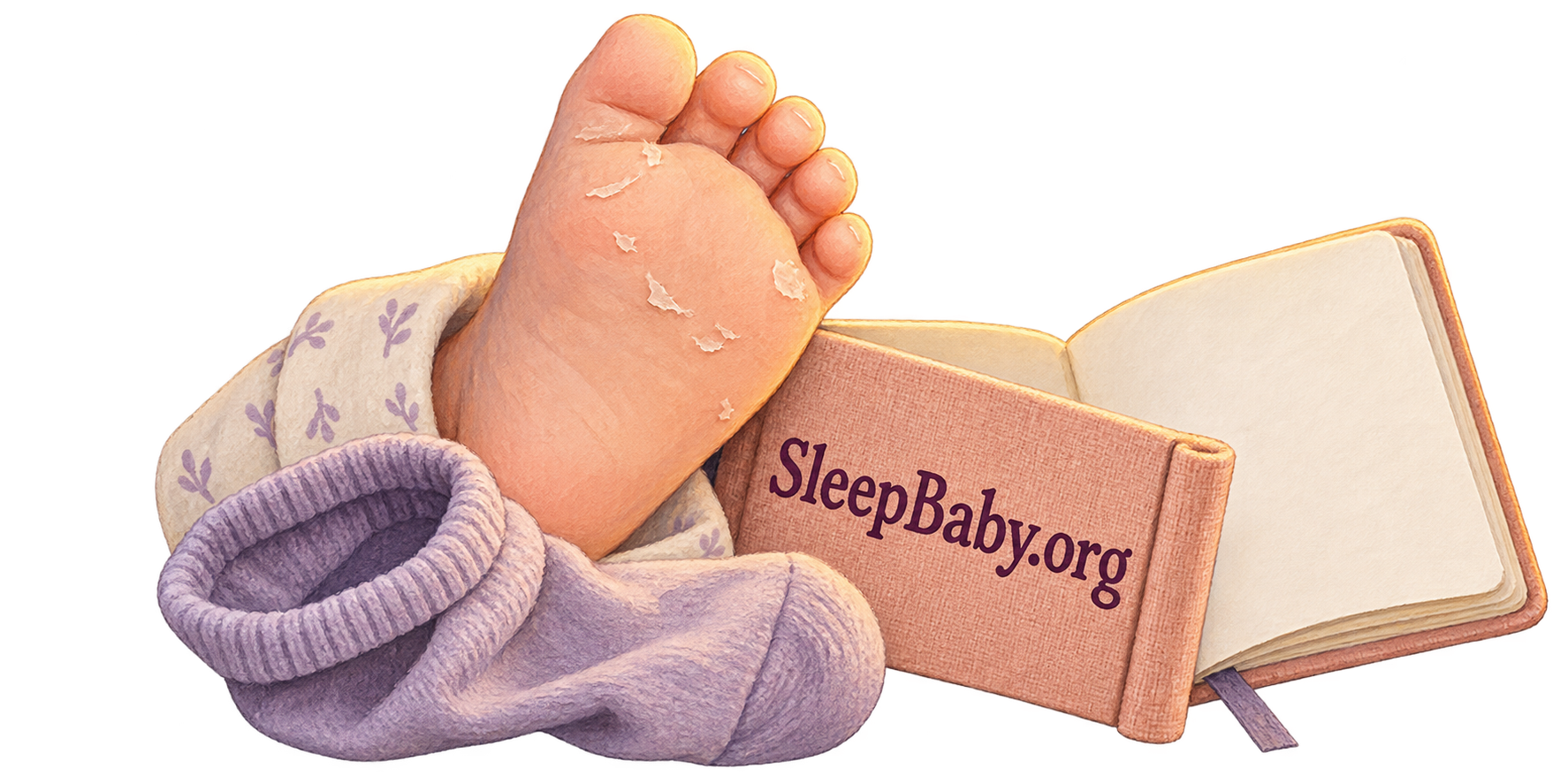 A small illustrated foot with a few dry flakes beside an opened baby sock and a care notebook.