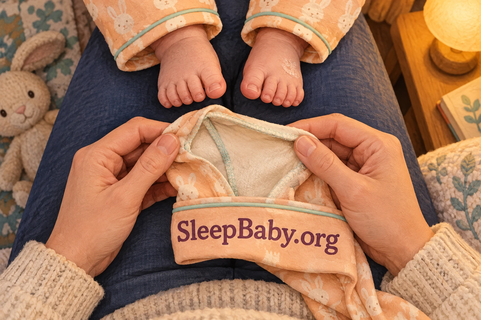 An awake baby’s feet rest beside opened footed pajamas while a caregiver examines the inside seam.