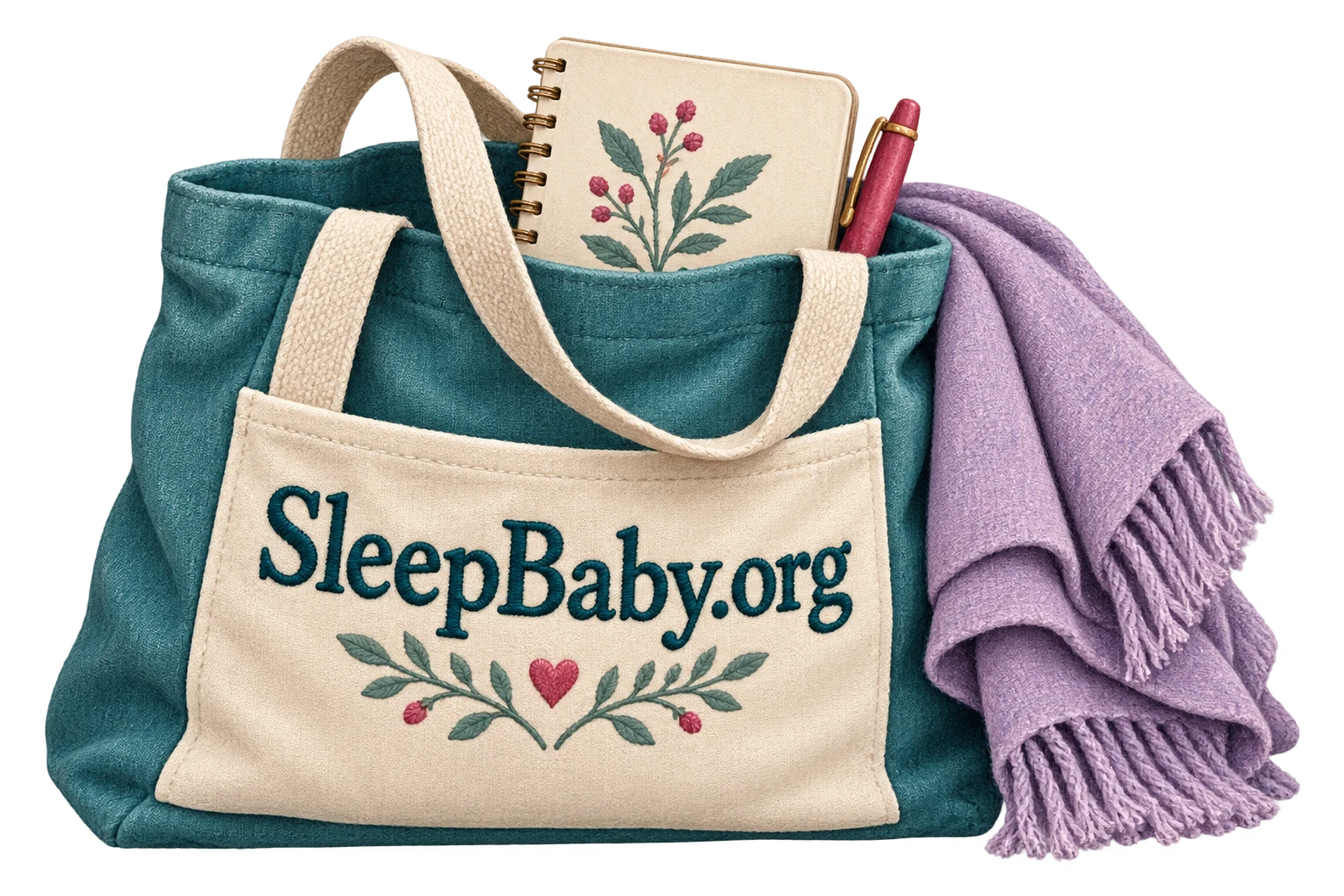 A teal care tote holds a notebook and pen beside a folded lavender evening wrap.