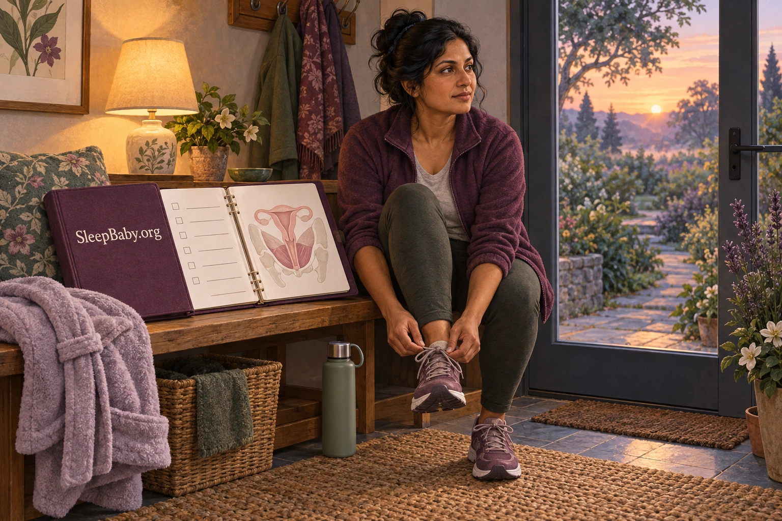 A woman sits on an entryway bench beside a pelvic-care planner and walking shoes in soft morning light.