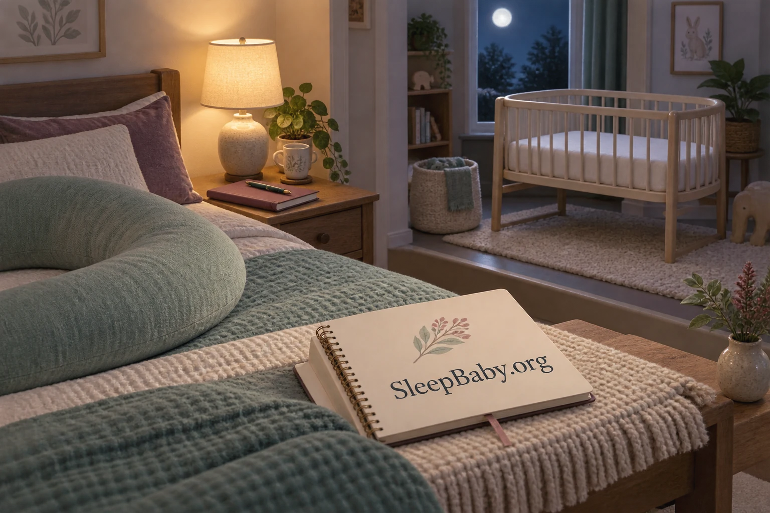 An empty adult bed with a support pillow and bedtime notebook sits near a separate empty bassinet at night.