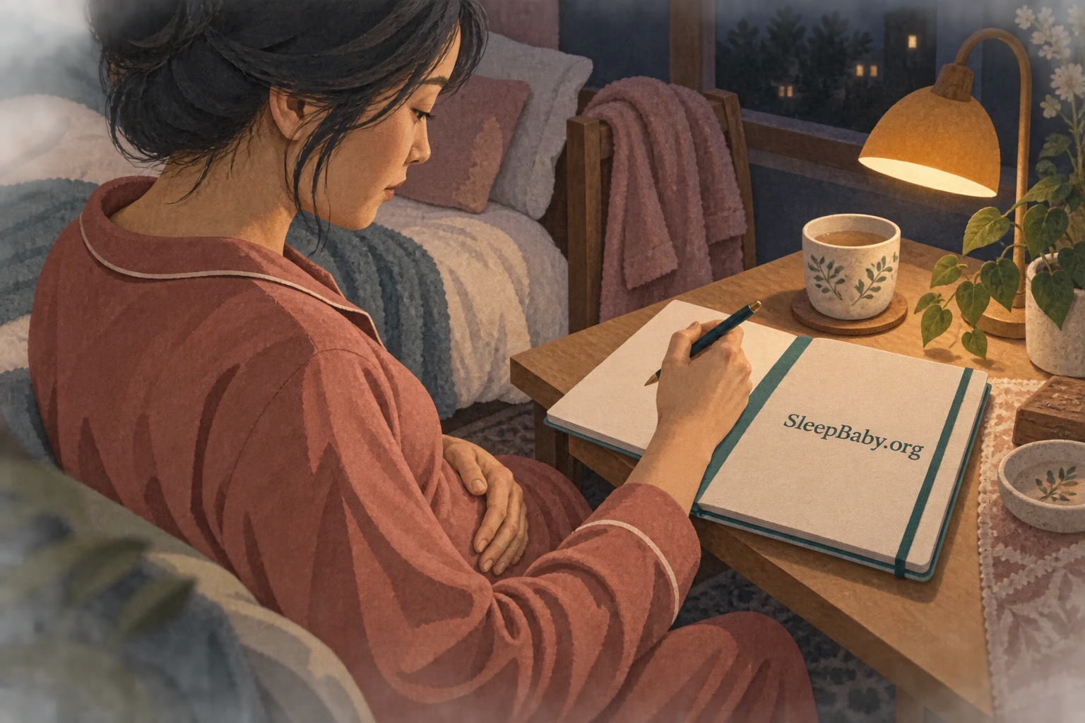 An adult in rust pajamas holds a pen over a bedside notebook while resting a hand on their lower abdomen.