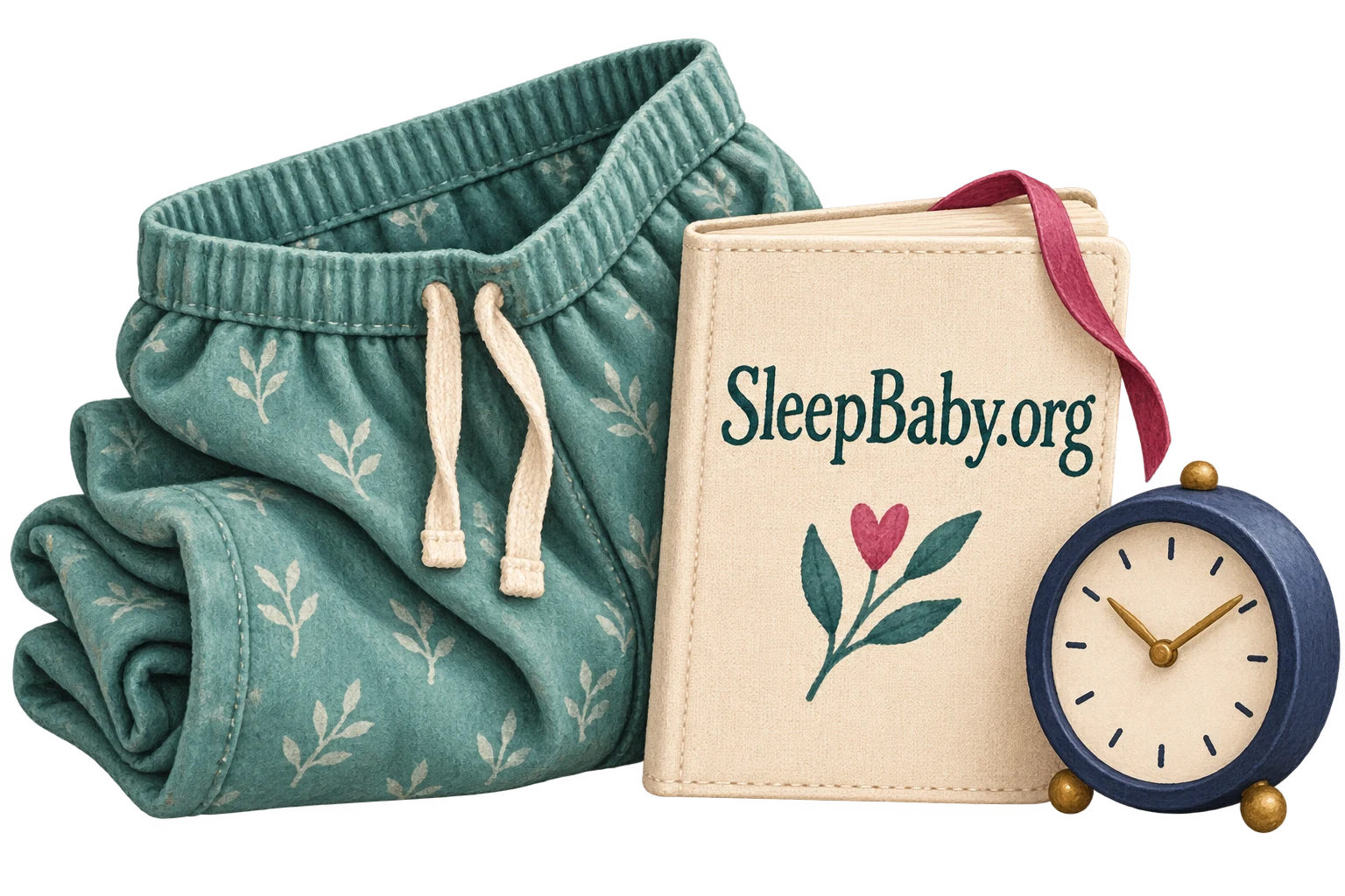 Folded teal adult pajama trousers sit beside a cream symptom notebook and an unnumbered bedside clock.