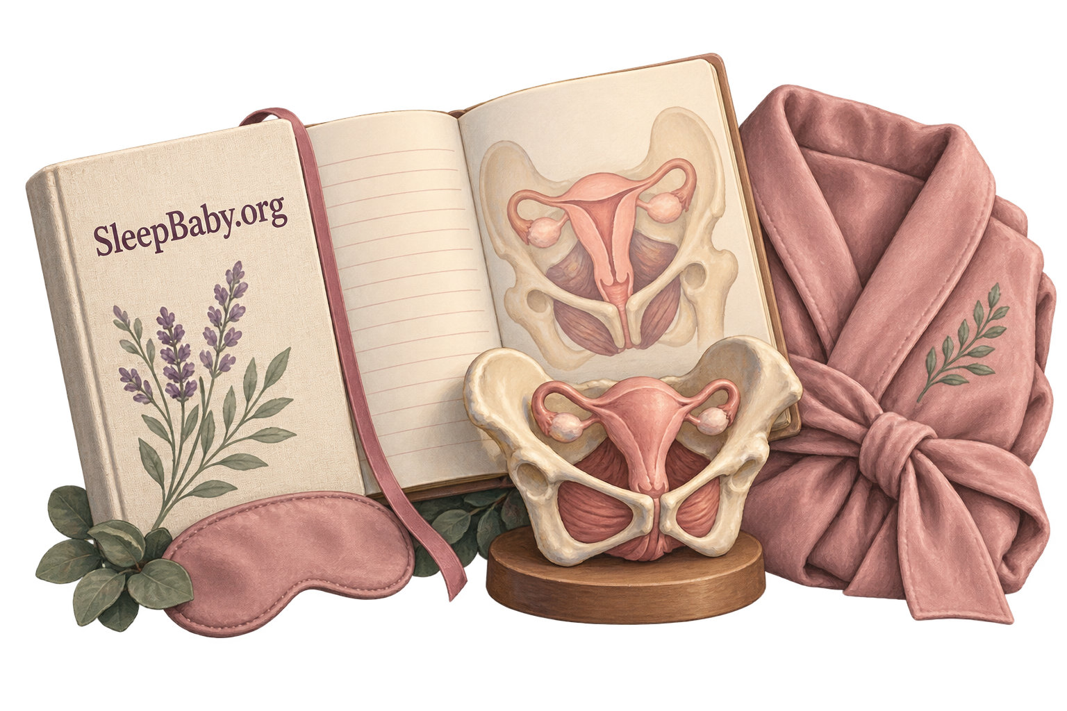 A pelvic symptom notebook, small pelvic teaching model and folded adult robe form a transparent storybook arrangement.