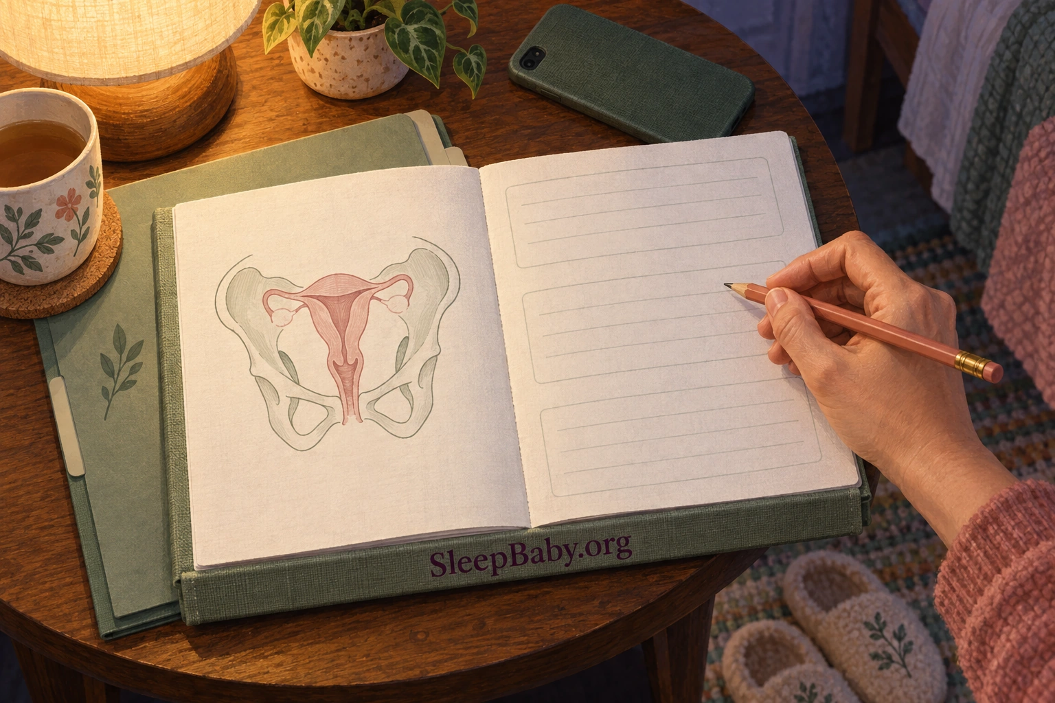 An open notebook shows a schematic uterus and pelvic diagram beside blank writing lines, a pencil, a phone and a warm bedside lamp.