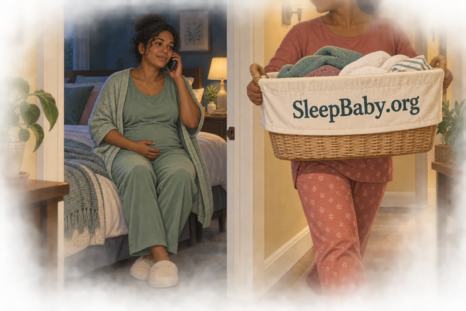 An adult in green nightclothes holds a phone to their ear while a helper carries laundry past the bedroom doorway.