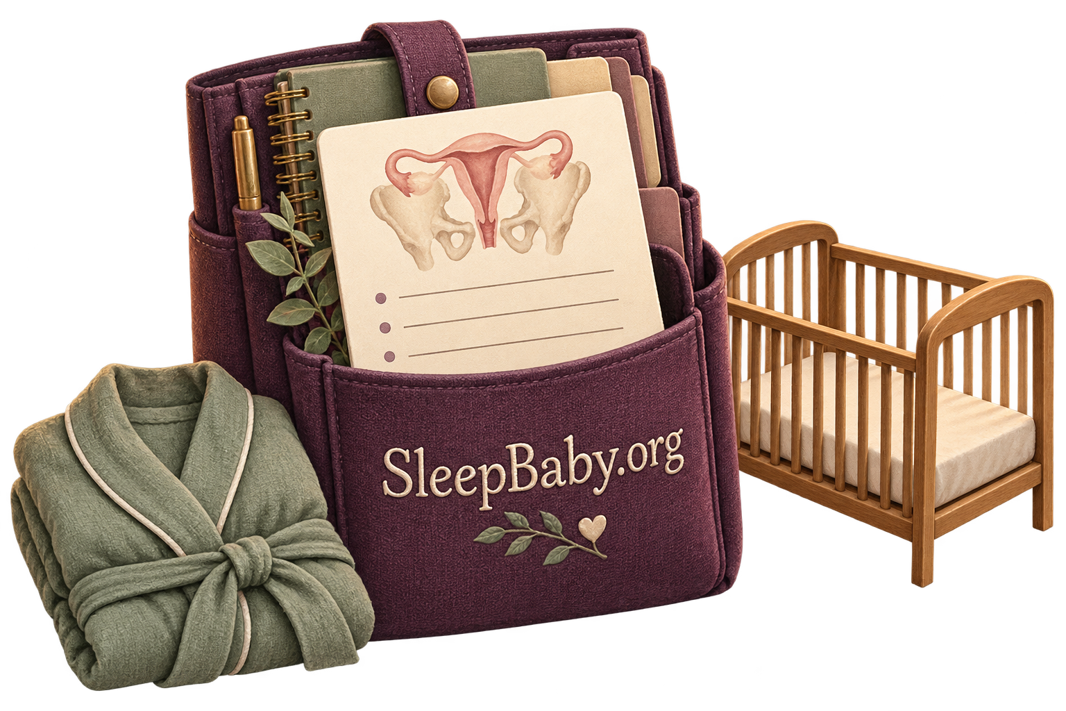 A caregiver organizer with a pelvic-care card stands beside a clear miniature crib and folded adult sleepwear.