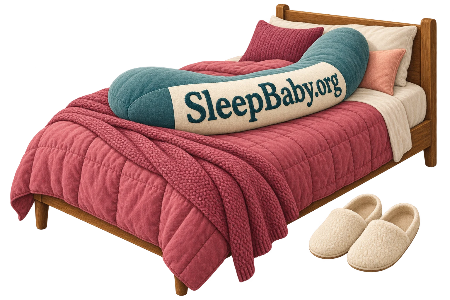 A miniature adult bed with a raspberry quilt holds a teal body pillow, with cream slippers beside it.