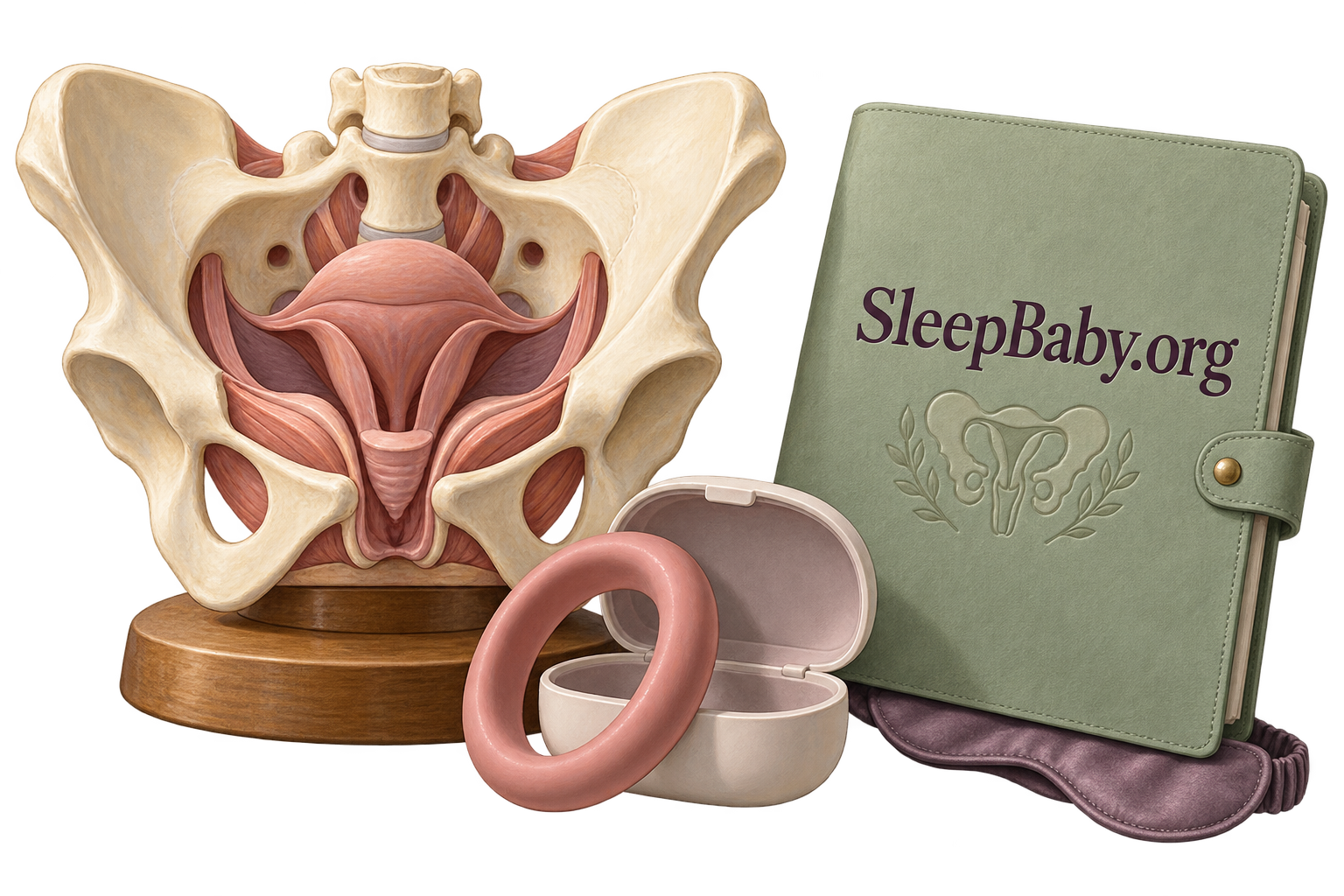 A pelvic teaching model, support ring and consultation folder form a transparent storybook arrangement.
