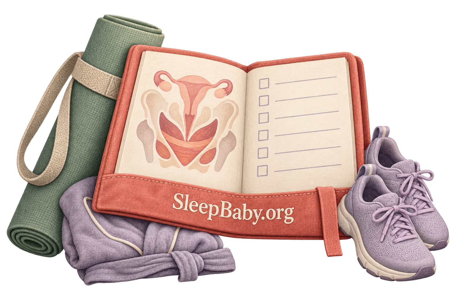 A rolled exercise mat, illustrated pelvic-care plan and comfortable walking shoes form a transparent storybook arrangement.