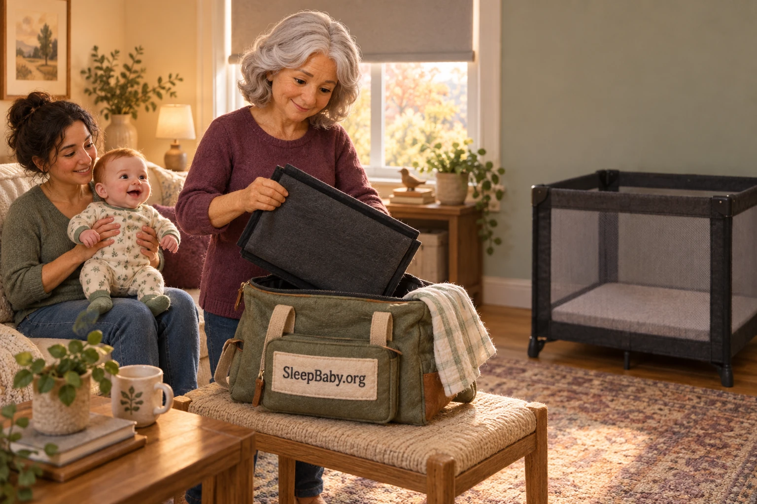 A grandmother unpacks a folded shade while a parent holds an awake baby beside an empty play yard.