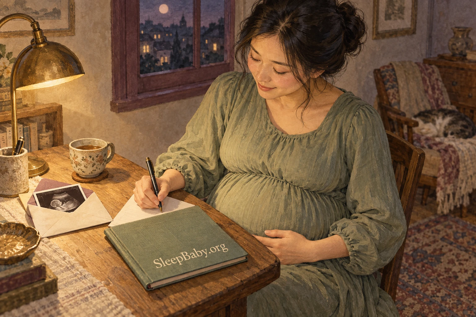 A pregnant woman writing a letter beside a clothbound notebook and a keepsake scan envelope in evening light.
