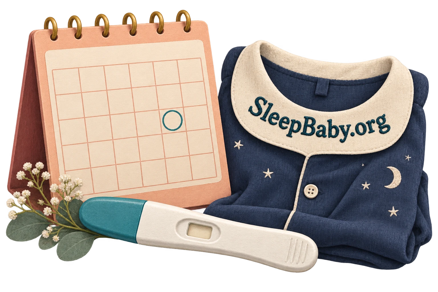 A peach calendar with one circled square, a capped pregnancy test and folded navy nightclothes form a fabric-and-paper arrangement.