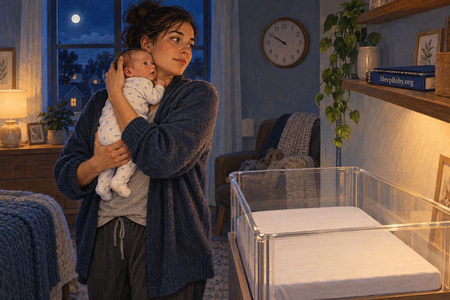 An awake parent supports an alert baby beside an empty bassinet at night.
