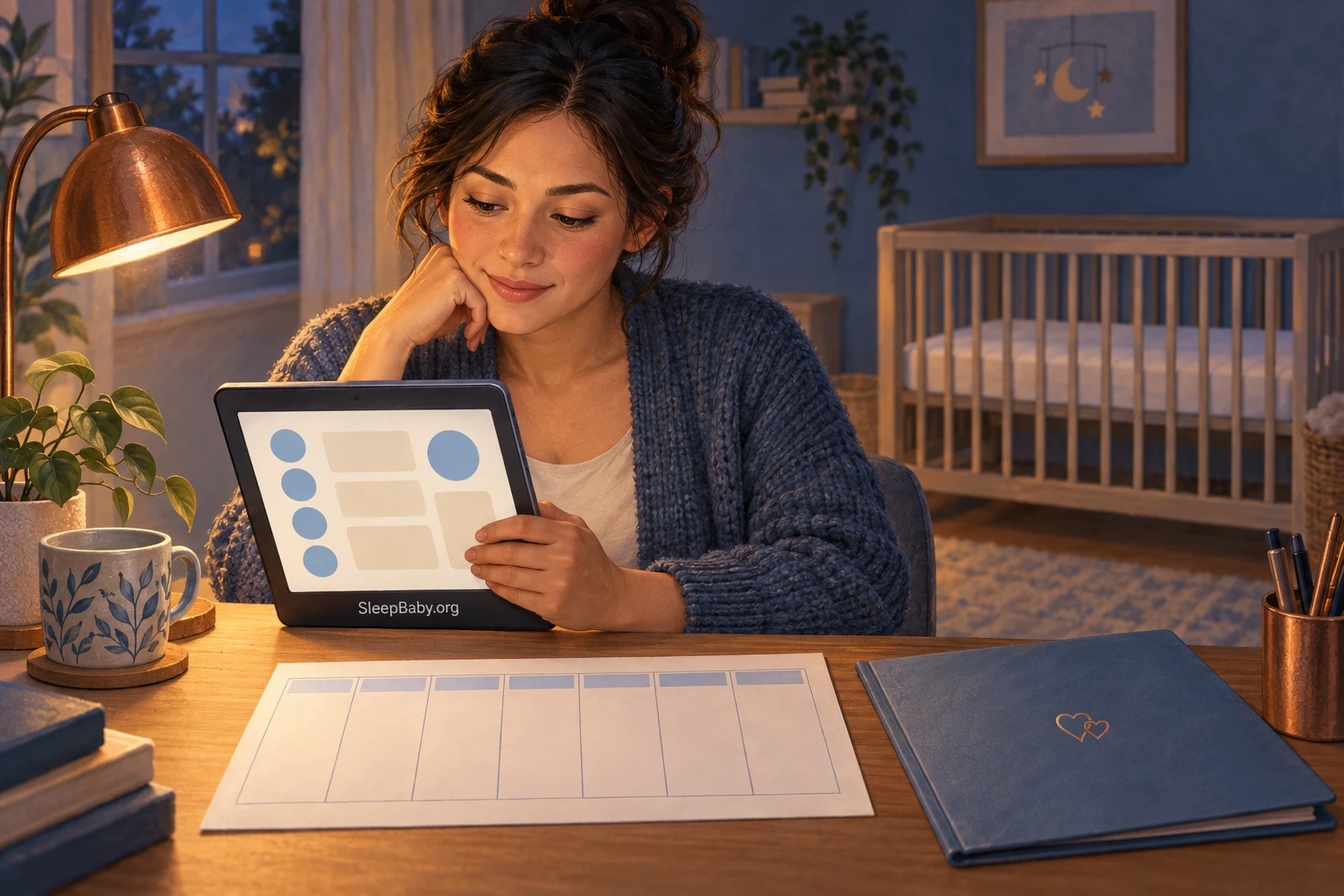A parent reviews a tablet beside a care folder and seven-column planning sheet.