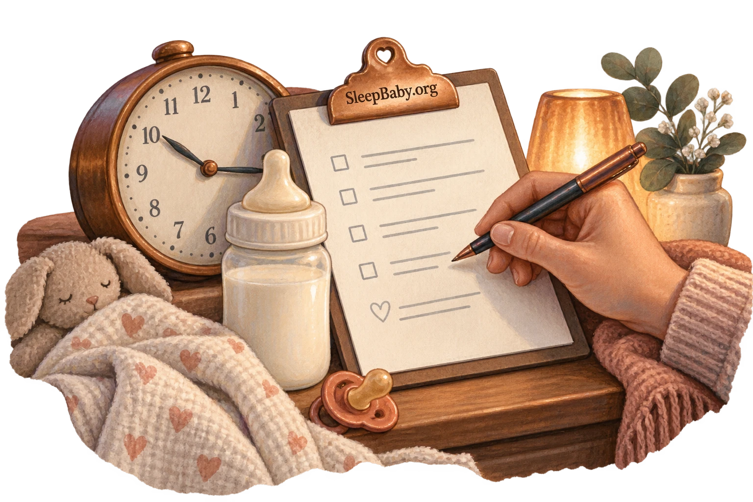 A hand writes on a care clipboard beside a night clock and feeding bottle.