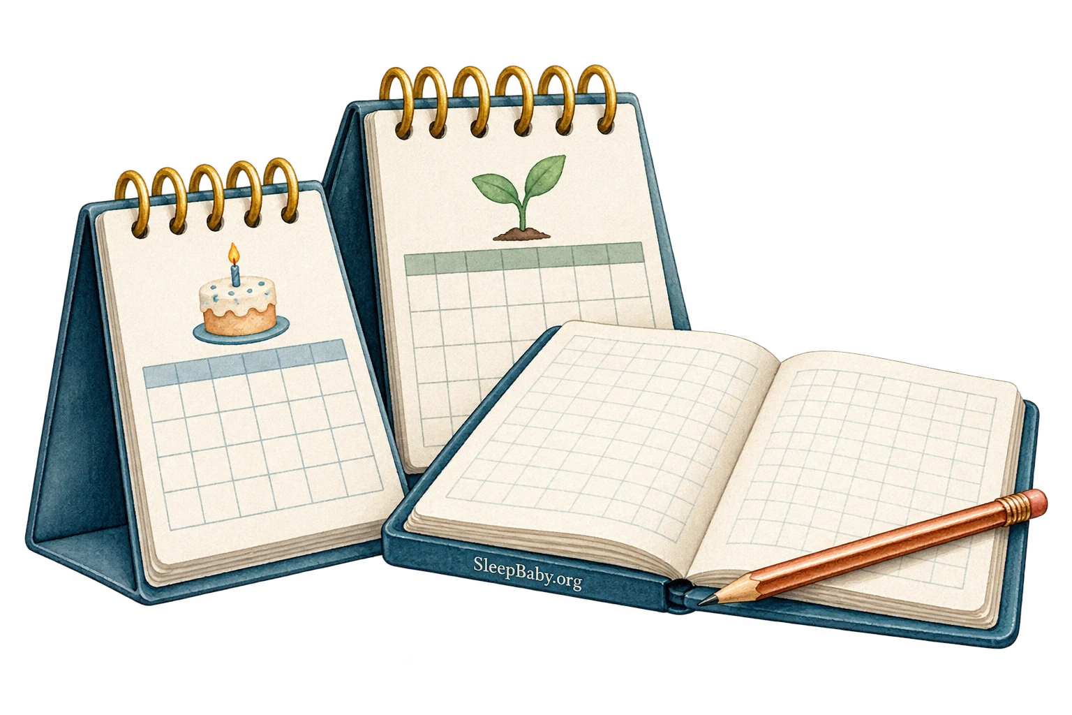 Two symbolic calendars, a pencil, and an open care notebook.