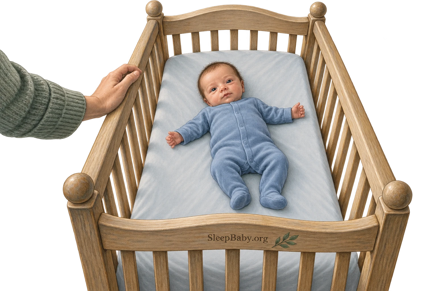 A baby lies on their back in a clear crib while an adult hand rests on the outside rail.