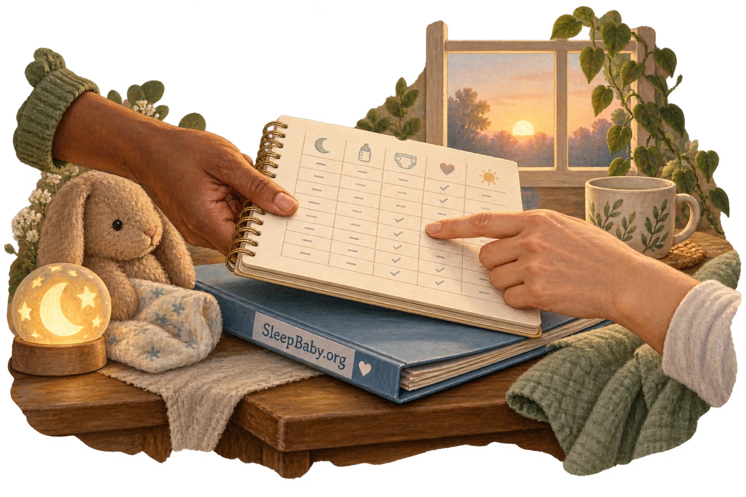 Two caregivers’ hands share a paper care log beside a window showing dawn.