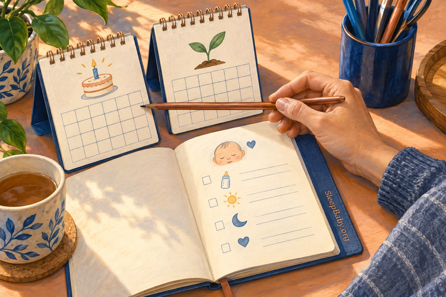 Two illustrated calendars sit beside an open care notebook and a pointing pencil.