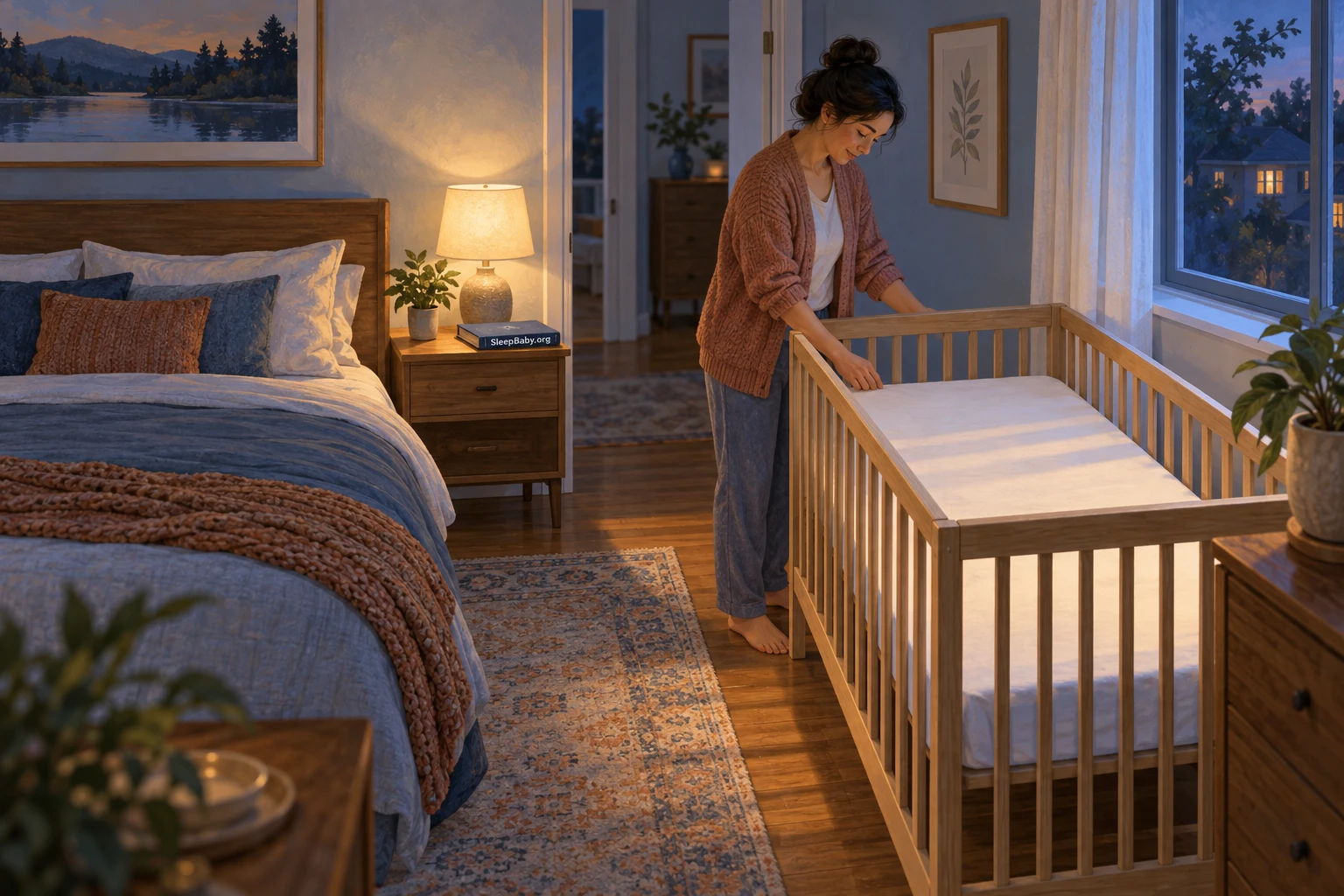 An adult checks the fitted sheet in an empty wooden crib separate from the adult bed.