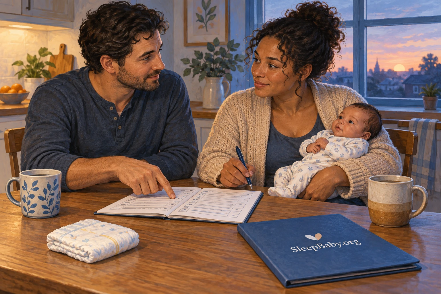 Two awake caregivers review a paper log while one supports an alert baby.