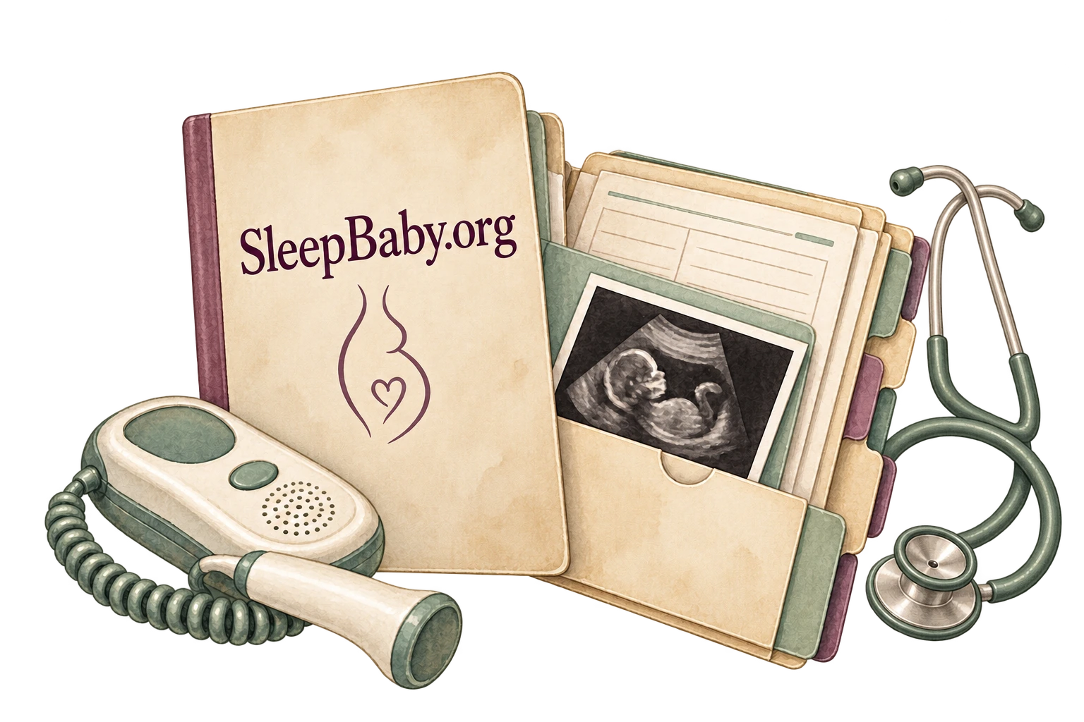 An open prenatal folder, a small ultrasound image and a resting clinical Doppler beside a stethoscope.